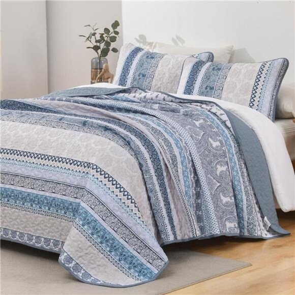 BEDDING Boho Quilt Set Queen Size,Blue Bohemian 3 Pieces Quilt Sets - Picture 9 of 16